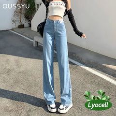 Summer Lyocell Jeans Women Blue Black High Waisted  Straight Wide Leg Denim