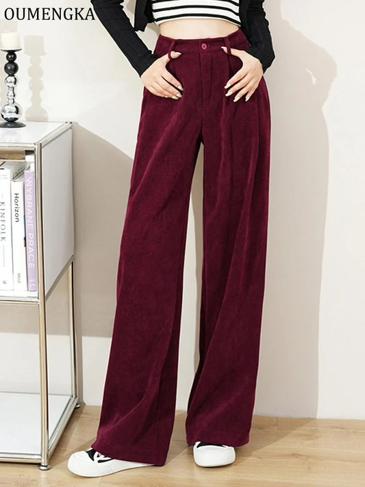 Fashion High Waist Women Retro Corduroy Pants Fall Wide Leg Causal Loose Trousers