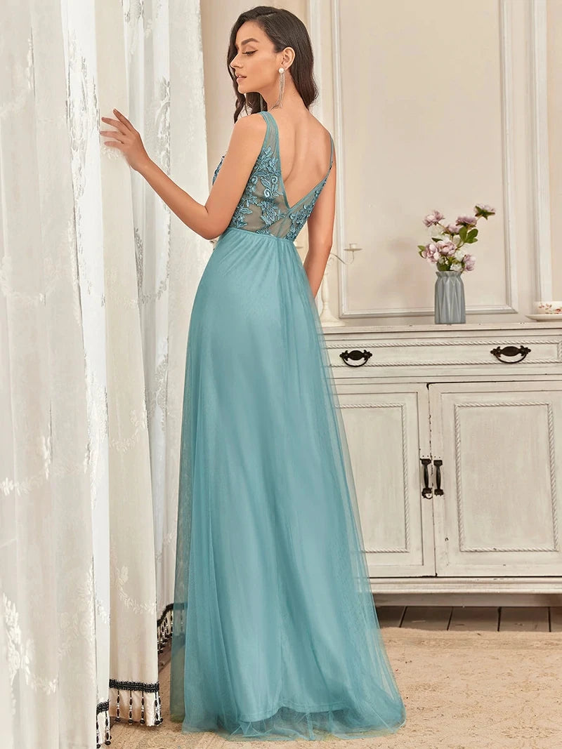 Homecoming Dresses: Long Lace Beading V Neck Sleeveless Prom Dresses Women