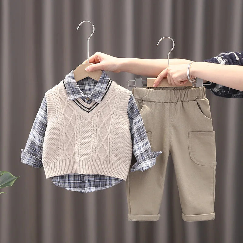 Baby Boys Clothes Suit Children Casual Plaid Shirt Vest Pants 3Pcs/Sets Toddler Cotton Costume Kids Tracksuits