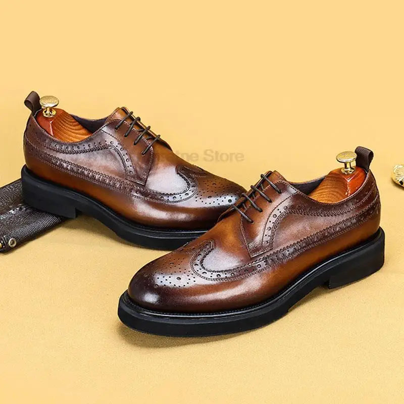 HKDQ Brogue Oxfords Leather Men Shoes Genuine Leather Fashion Derby Shoes Round Head Formal Business Male Wedding Dress Shoes