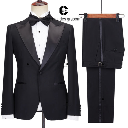 Cenne Des Graoom Men's 2 Piece Suit Black Satin Peak Lapel Slim Fit Elegant Tuxedo