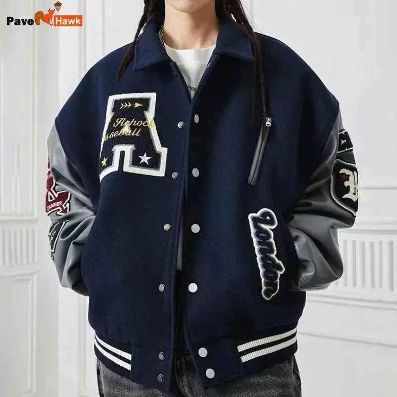 Letter Embroidery Bomber Jacket Men Women Autumn Winter Leather Sleeves