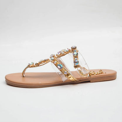 Ladies Rhinestones Sandals Summer Beach Slippers for Women Clip Toe Chain Sandals Shiny Crystal Fashion Casual Flat Bottom Shoes