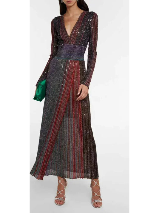 Formal attire Dresses: V-neck Slim Fit Elegant Fine Gold Thread Maxi Evening Dress