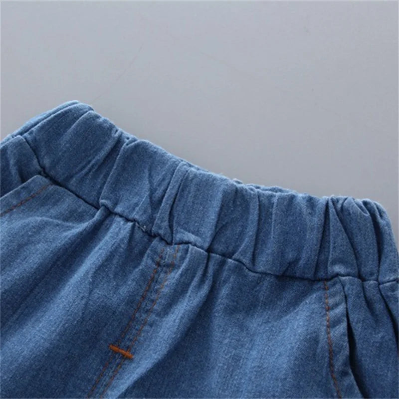 New Summer Hot Sale Toddler Kids Baby Boys Shirt Cartoon Tops Denim Shorts Pants Outfits Set Baby Clothes