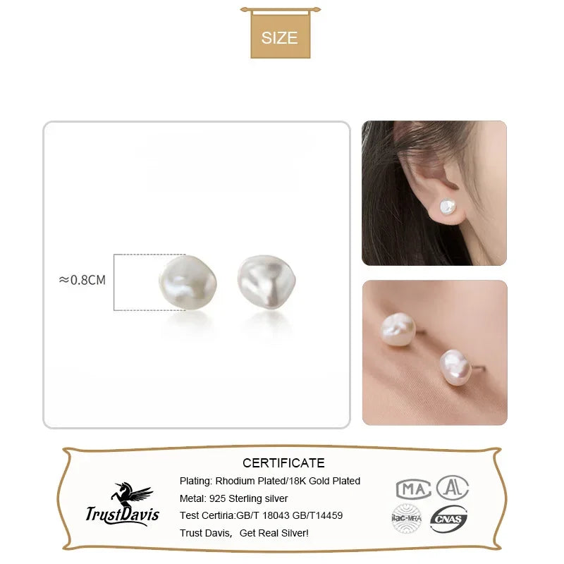 Trustdavis Authentic 925 Sterling Silver Sweet Irregular Pearl Stud Earrings For Women Wedding Party FIne Jewelry DA1224