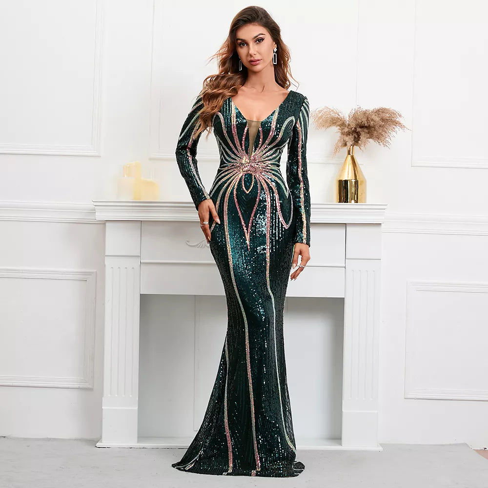 Evening wear Dresses: Full Sleeve V Neck Mermaid Evening Night Long Party Dress
