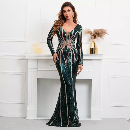 Evening wear Dresses: Full Sleeve V Neck Mermaid Evening Night Long Party Dress