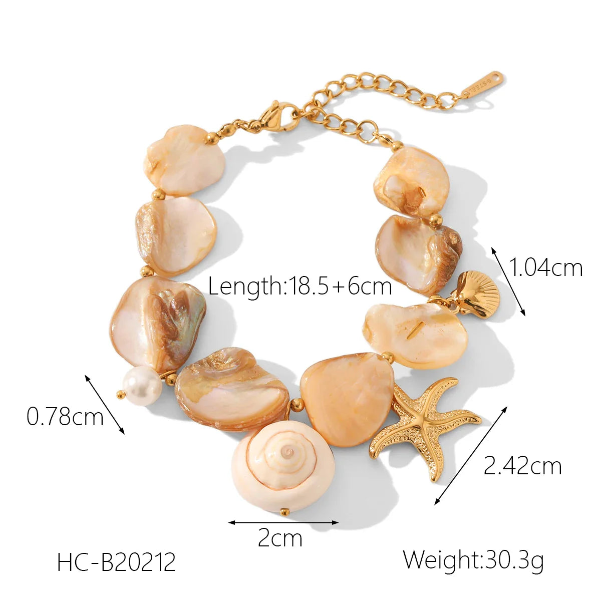 Vintage Real Shell Pendant Bracelet Woman Stainless Steel Adjustable Summer Beach Starfish Conch Hand Chain Jewellery Waterproof