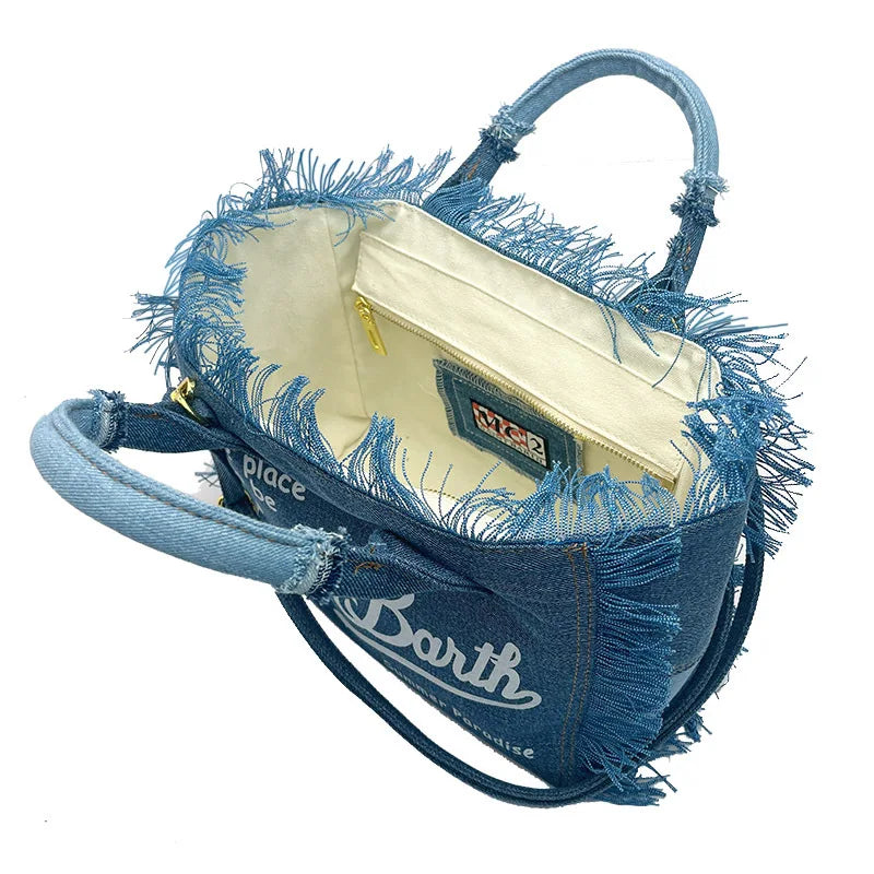 Bag for women's travel, solid color denim, small size, handmade tassel handbag