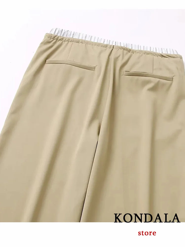 Khaki Office Lady Suit V-Neck Single Button Sleeveless Vest High Waist Long Straight Pants