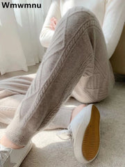 Knitted Ankle-length jogger Pants Women Fall Winter Casual High Waist Korean