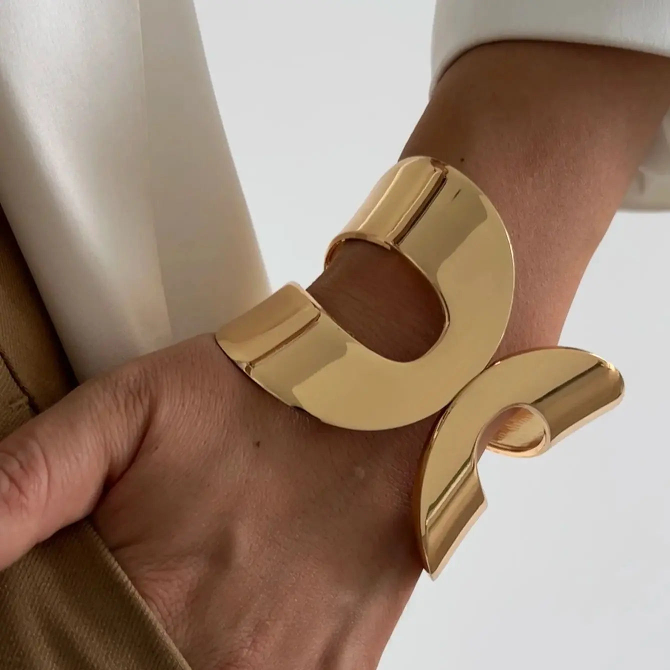 KunJoe Fashion Design Smooth Gold Color Chunky Spring Bangles for Women Exaggerated Geometric Wide Open Cuff Bracelet Unisex Men