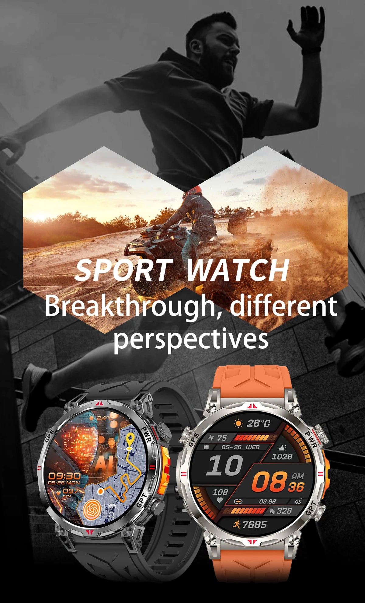 2025New Military GPS Sport Smartwatch Men 650mAh AMOLED Screen Compass Altimeter 10ATM Waterproof Heart Rate Wireless Call Clock