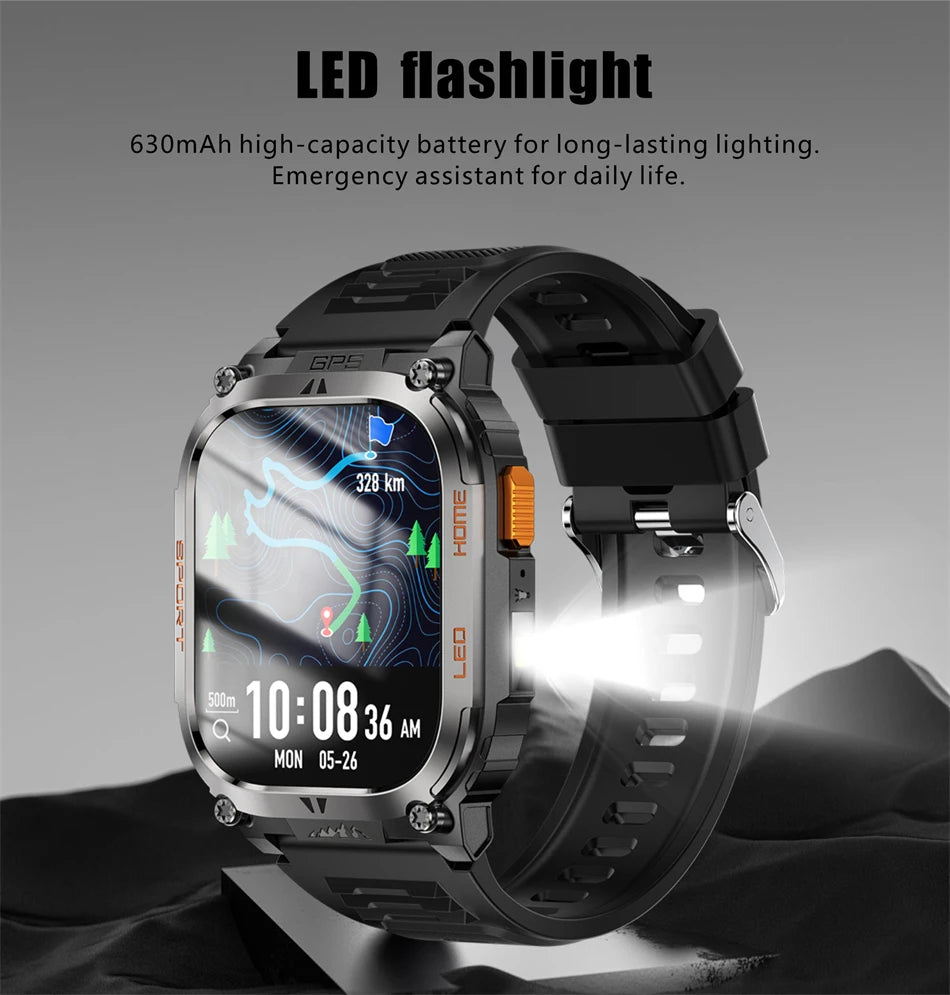 2025 New GPS Tracker Smart Watch Men LED Flashlight 1.96'' HD Screen Compass Watches Bluetooth Call Waterproof Sports Smartwatch