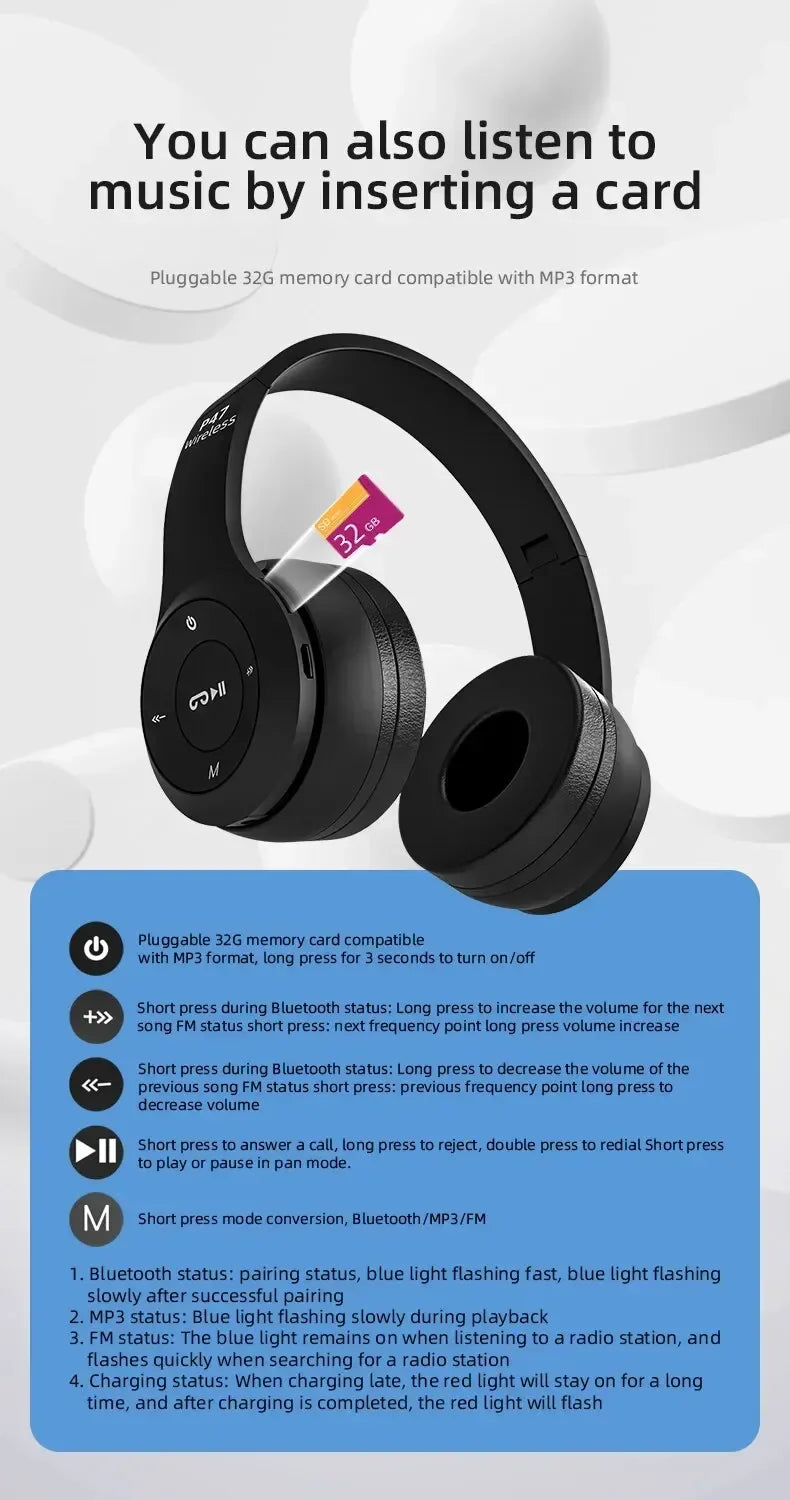 Stereo P47 Headset 5.0 Bluetooth Headset Folding Series Wireless Outdoor SportsHeadset for iPhone Samsung PC Game Accessories