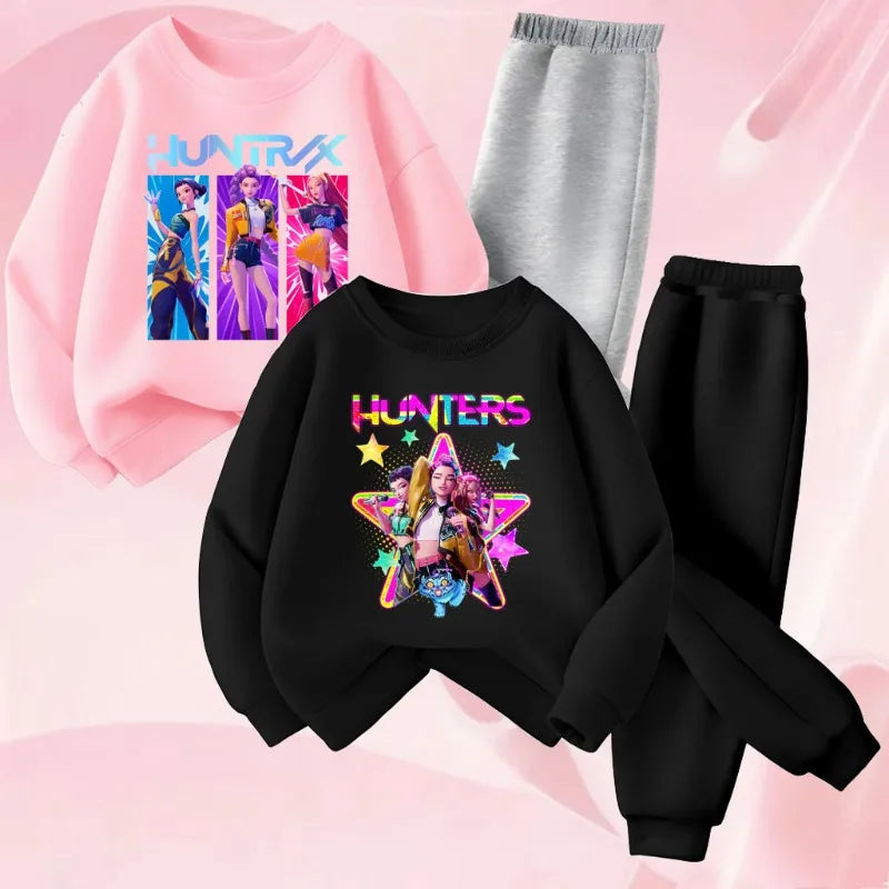 K-POPcartoon Printed Spring Autumn Girls O Neck Hoodies Sets Children Sweatshirt Sweatpant 2pcs Suit Kids Casual Pullover Set