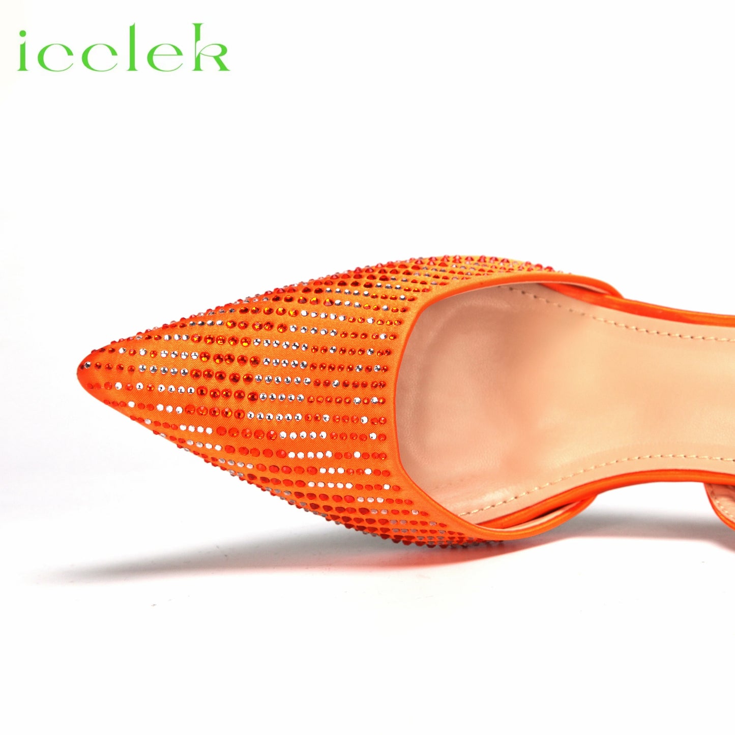 Orange Color Pointed Toe Crystal Design Thin Heel Ladies Shoes Matching Bag Set For Nigerian Women Party