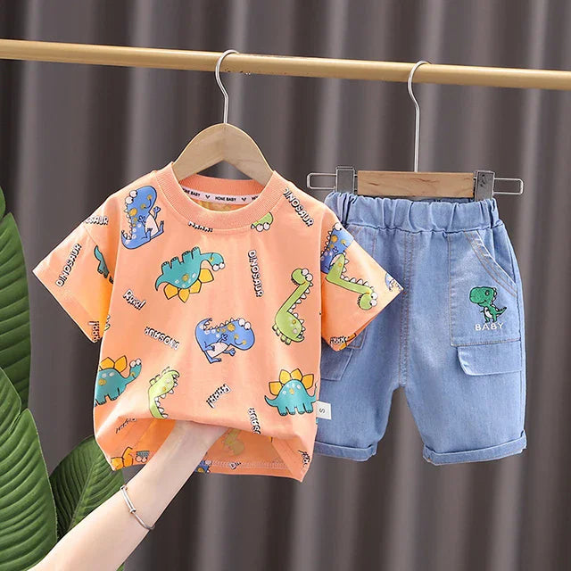 Boys Clothes Summer Fashion Crew Neck Children Tracksuit Dinosaur T-shirt Denim Shorts Suit Kids Outfit Baby Boys Set 1-5 Years