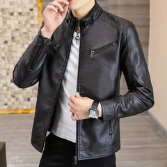 Autumn Winter Stand Collar Loose Casual PU Leather Jacket Male Add Velvet Warm