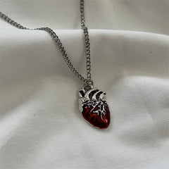 red heart necklace gothic y2k grunge jewelry dainty silver color tone bloody