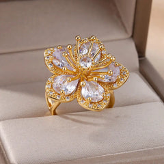 Pink Zircon Flower Rings for Women Gold Color Stainless Steel Ring 2024 Trend Elegant