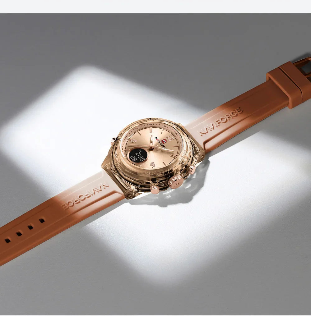 NAVIFORCE Luxury Women's Watch Gold Outdoor Sports Waterproof Watches Dual Time Display Quartz Wristwatches Rubber Digital Clock