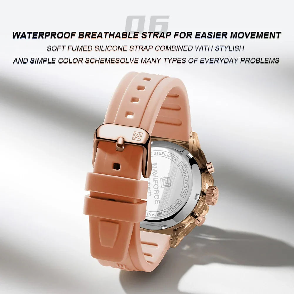NAVIFORCE Luxury Women's Watch Gold Outdoor Sports Waterproof Watches Dual Time Display Quartz Wristwatches Rubber Digital Clock