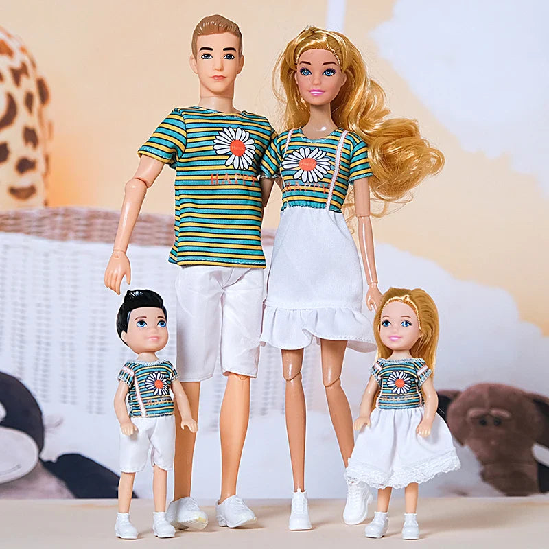 1/6  FamilyDoll Toy Set of 4 People Mom Dad Kids 30cm Barbies Doll Full Set With Clothes for Education Birthday Gift