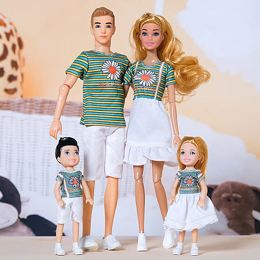 1/6  FamilyDoll Toy Set of 4 People Mom Dad Kids 30cm Barbies Doll Full Set With Clothes for Education Birthday Gift