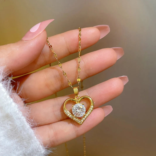 Artificial Gems Heart Pendant Necklace for women Golden Stainless Steel Lips