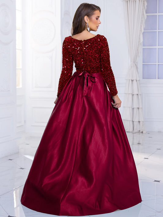 Homecoming Dresses: Modest Stretch Sequin Full Sleeve Evening Party Gown