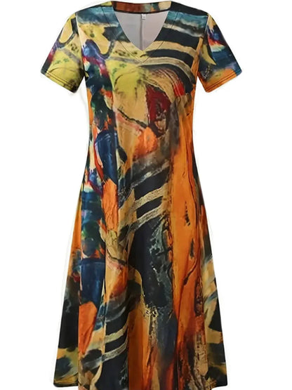 Plus Size 2023 Summer Loose Dress Women's Sexy V Neck Printed High Waist Evening Party Short Sleeve Dress