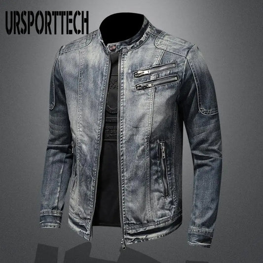 Men's Denim Jacket European and American Casual Retro Stand Collar Zippered Jacket