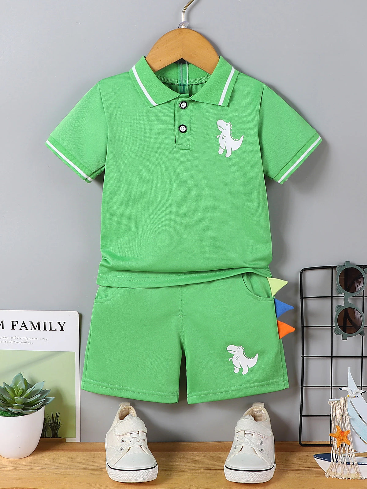 Infant Baby Boy Sets Summer Clothing Casual Sport Suit POLO Shirt + Shorts 2Pcs Set Boys Kids Grey Dinosaur Print Tracksuit