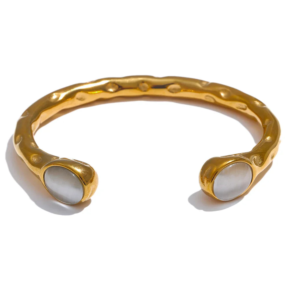 Yhpup 62mm High Quality Stainless Steel Multicolored Natural Stone Golden Cuff Open Bracelet Bangle Water Resistant Jewelry