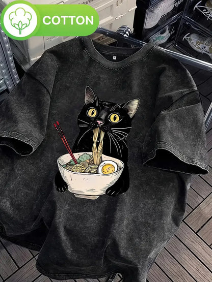 Unisex Hip Hop T Shirt Vintage Washed 100% Cotton T-Shirt Black Retro Cat Eating Ramen Graphic Tee Casual Streetwear