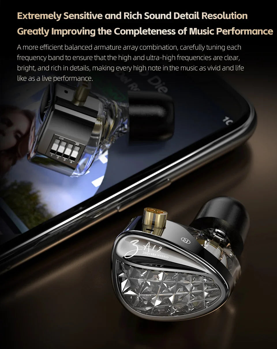 KZ ZA12 2DD+4BA Hybrid IEM Headphones Wired InEar Monitor Hifi Adjustable Tuning Earphones Sports Noise Cancellin Gaming Headset