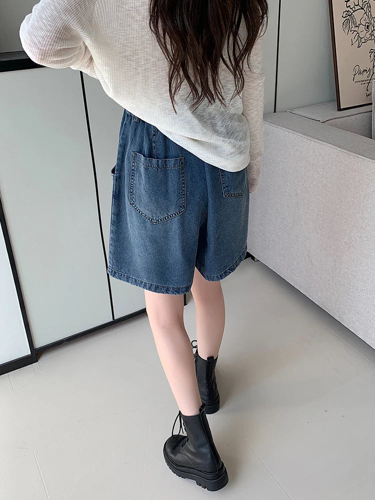 New 2024 Summer Plus Size Denim Shorts For Women High Elastic Wasit Wide Leg Loose Blue Jean Short Women Streetwear Half Jeans
