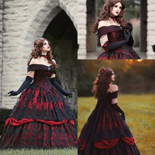 Gothic Belle Red Black Lace Wedding Gown Vintage Lace-up Corset Strapless