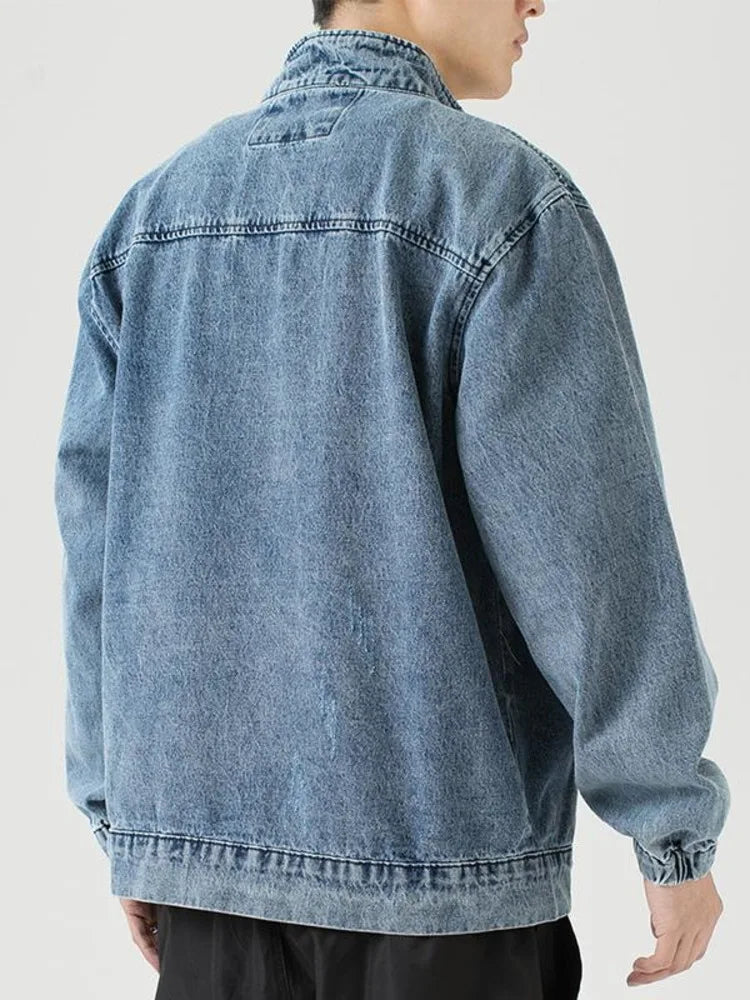 Stand Collar Denim Jacket Men Casual Autumn Zip Closure Jacket