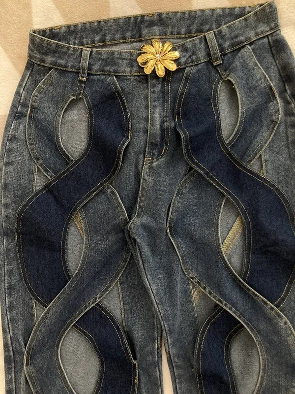 Women Streetwear Cutout Hollow Out Criss Cross Straight Flare Denim Pants