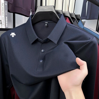 Luxury Quality Men's Polo Shirt No Trace Simple Solid Color Geometric Print Long Sleeve Autumn Lapel T-Shirt Business Menswear