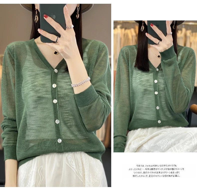 Summer Sunscreen Ice Silk Cardigan Women's V-Neck Long Sleeve Loose Knitted