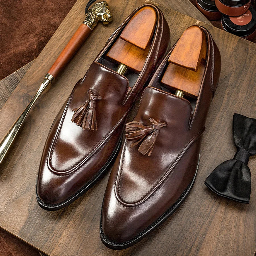 British Style Gentlemen Party Wedding Tassel Loafers Formal Shoes Genuine Leather Slip-on Black Brown Evening Suit Shoes for Men