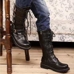 Men Leather Motorcycle Boots Fashion Mid-Calf Punk Rock High Top Casual Boots