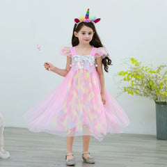 Unicorn Princess Dress for Girl Fancy Mesh Sequins Pink Halloween Costume for Kids