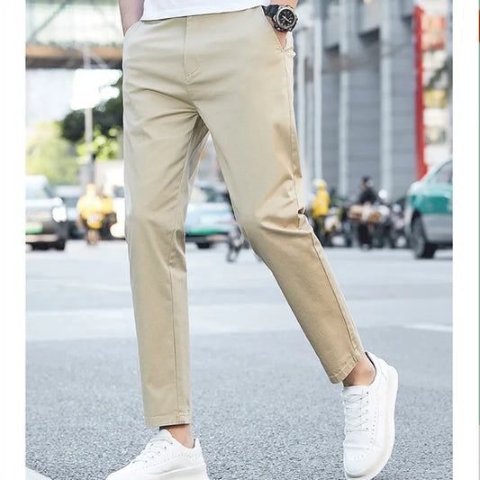 Summer Ankle Length Casual Pants Mens Clothing Stretch Black Green Suit Trousers