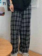 Black Women Plaid Pants Casual Oversize Loose Wide Leg Trouser